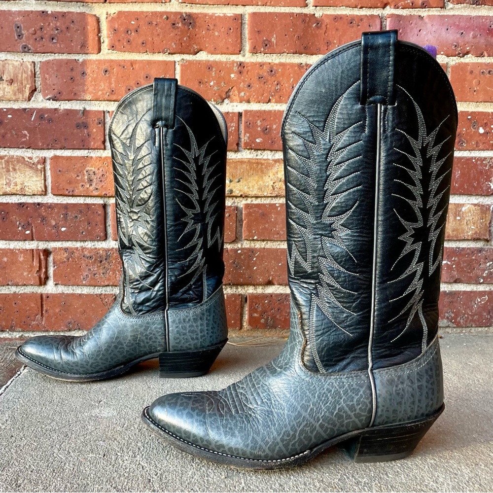 Nocona Black & Gray Leather Embroidered Snake Print Men’s Cowboy Boots Sz 6.5 D